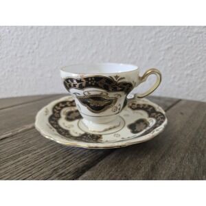 Vintage Ucagco Japan Demitasse Hand Painted Black & Gold Teacup & Saucer Set